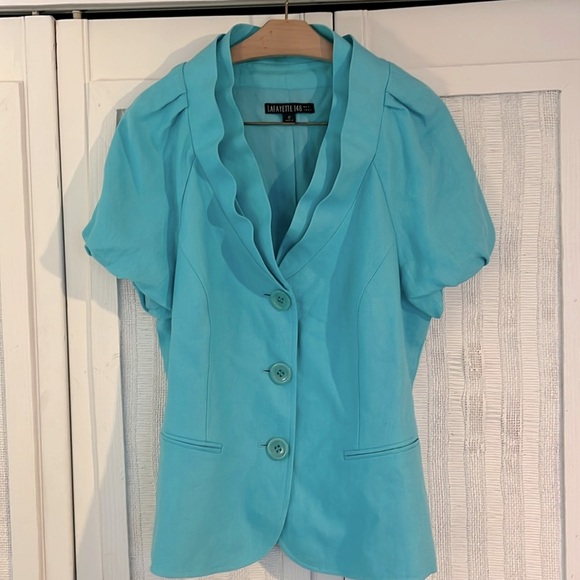 Lafayette 148 New York Bright Teal Linen Blazer, Size 12 - Picture 1 of 5